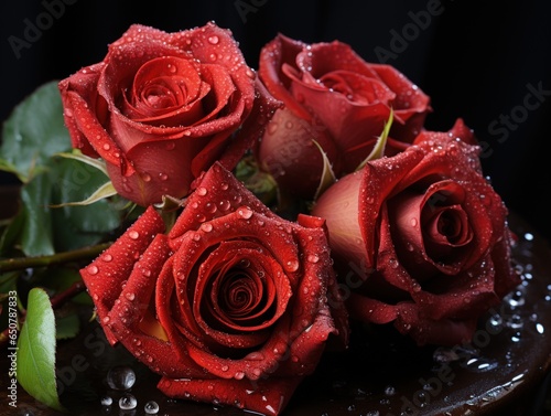 Bouquet of red roses with water drops on a black background. Valentine s Day.