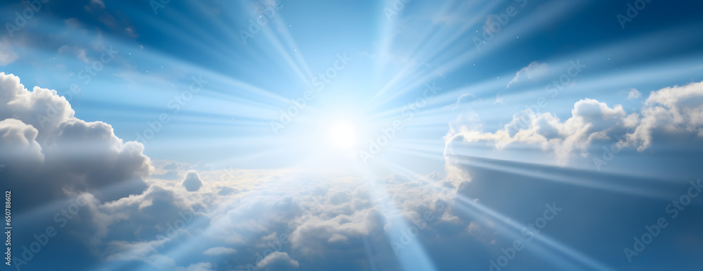 Heavenly rays of light in the clouds. Dreamy inspiring hope concept. Sun rays from heaven. Blessed light. - obrazy, fototapety, plakaty 