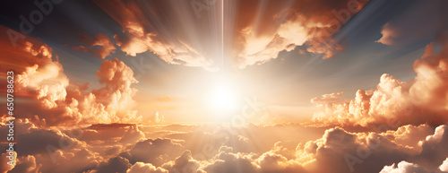 Heavenly rays of light in the clouds. Dreamy inspiring hope concept. Sun rays from heaven. Blessed light. photo