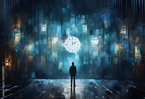 man in front of a clock, representation of time passing photo