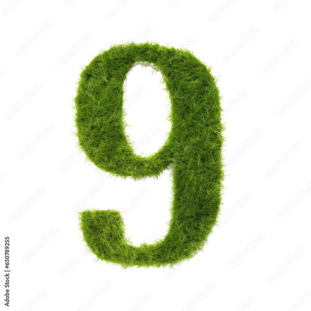 green grass forming number nine, 9, alphabet text font character isolated on white in nature, growth and eco environment concept. green grass forming number nine, 9, alphabet text font character isolated on white in nature, growth and eco environment concept.