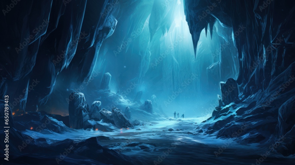 Glacial cavern deep within an icy mountain, with towering ice ...