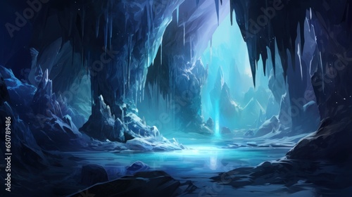 Glacial cavern deep within an icy mountain, with towering ice formations, bioluminescent ice crystals game art