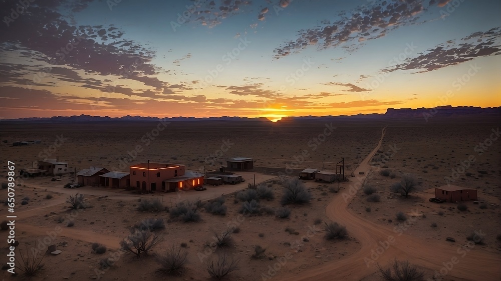 Capture the haunting beauty of a desert town as the sun sets, casting a blood-orange glow. Let the image convey a town where ghostly apparitions, Created with generated ai technology 