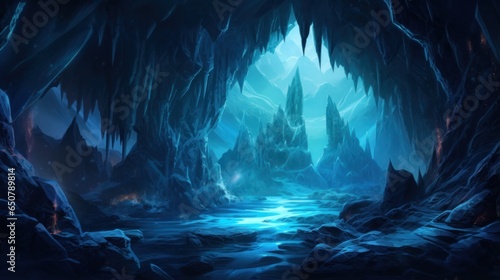 Glacial cavern deep within an icy mountain, with towering ice formations, bioluminescent ice crystals game art © Damian Sobczyk