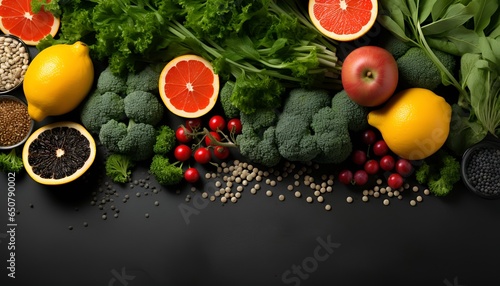 Healthy fruit, vegetables and seeds Top view h