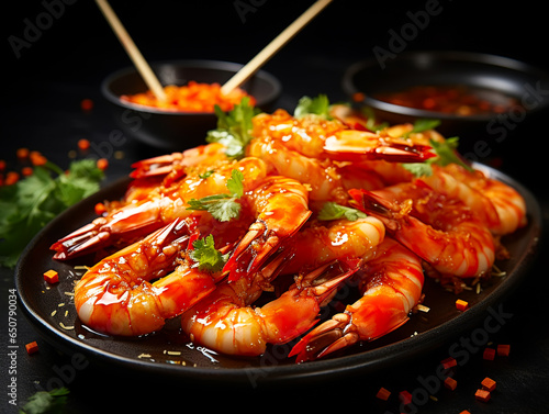 Grilled tiger shrimps with spice on black plate , Grilled seafood.