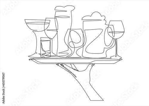 Continuous one single line drawing of bottle of wine, glass and metal cover. Menu food design. Illustration with quote template. Can used for menu restaurant sketch