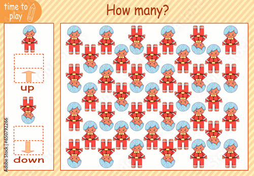 children s educational game  tasks. count how many elements will be placed on the right and how many on the left. New Year. Christmas. Father Frost. Santa Claus. Snow Maiden