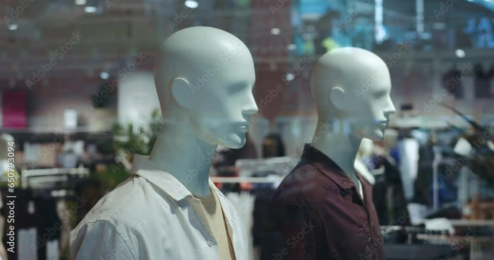 clothing on mannequins in a mall or in a fashion store window. clothing