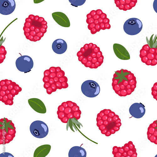 Raspberry and bilberry vector seamless pattern. Sweet red and blue northern forest berries isolated on white background. Hand drawn healthy ripe berries repeated illustration for food packaging