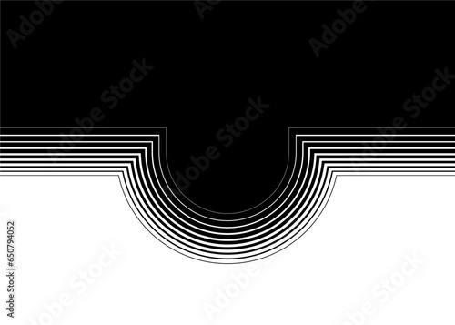 Black striped vector pattern with a semicircle in the center. Striped pattern with a smooth transition from black to white. Strict monochrome vector background.