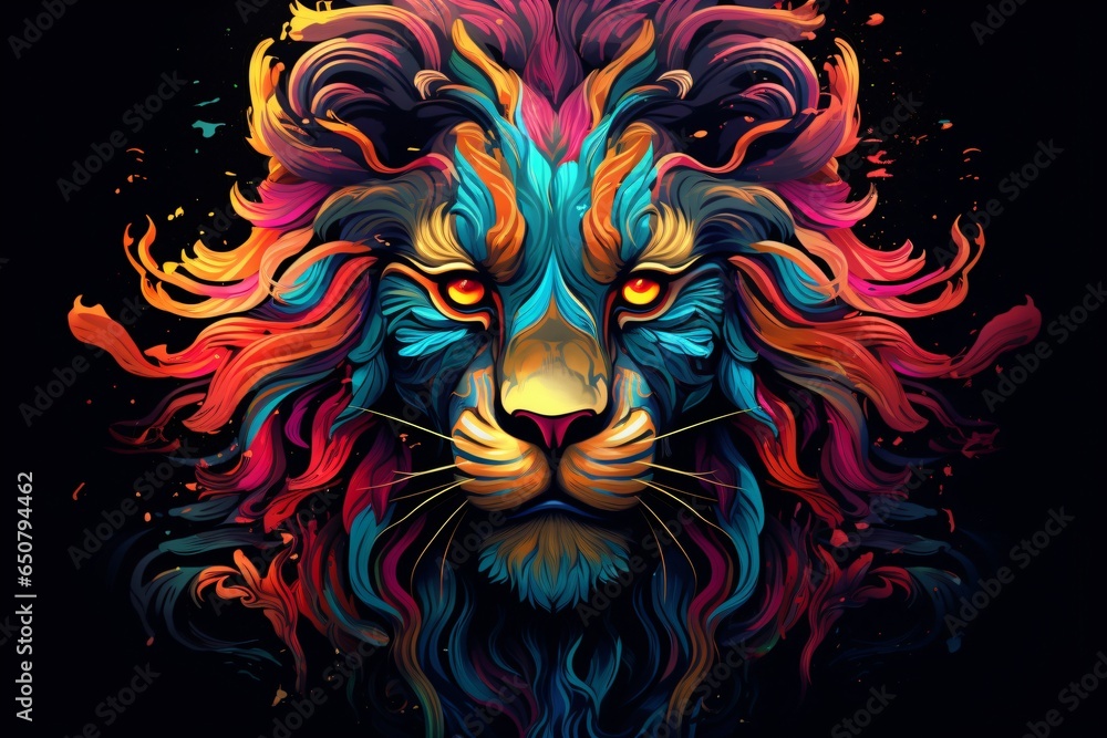 Dark vibrant colorful painting of a lion