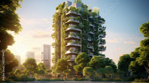 Architecture, sustainability and carbon footprint with buildings in city for environment.