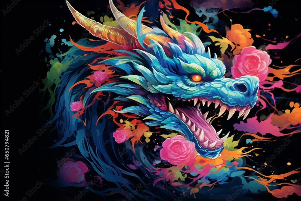 Colorful dragon tattoo design on black background