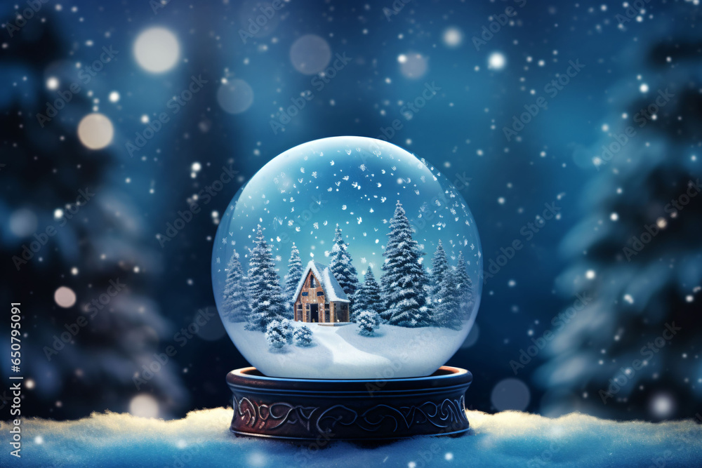 sparkling snow globe with a miniature winter scene inside, can be whimsical and delightful banner with text space,Christmas background sparkling snow globe with a miniature winter scene inside, can be whimsical and delightful banner with text space,Christmas background