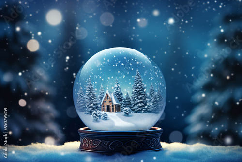 sparkling snow globe with a miniature winter scene inside, can be whimsical and delightful banner with text space,Christmas background © Sara_P