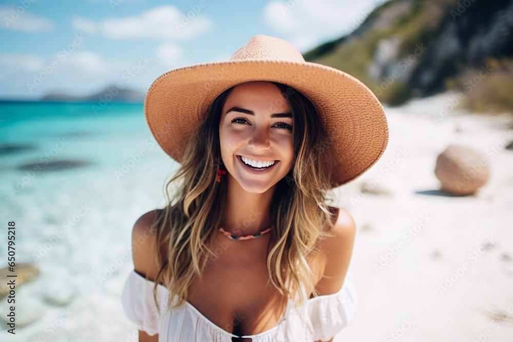 a beautiful female tourist on holiday on a beautiful beach, ai generated
