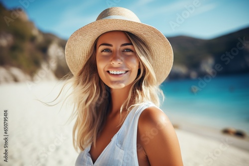 a beautiful female tourist on holiday on a beautiful beach, ai generated