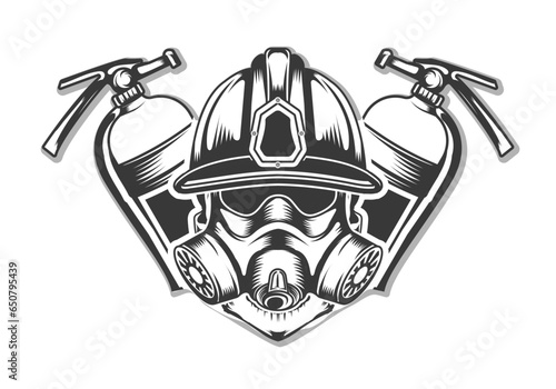 firefighter skull musk helmet vector with Fire Extinguisher background bundle