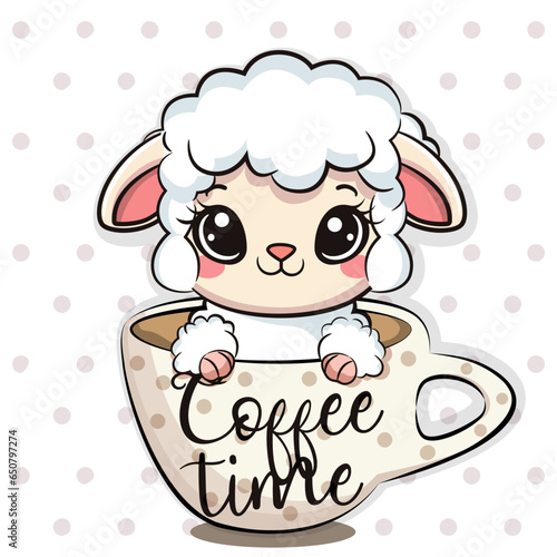 Cute cartoon baby sheep in a mug with coffee time quote. Vector illustration.