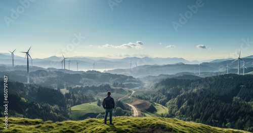 A engineer standing on top of a wind turbine