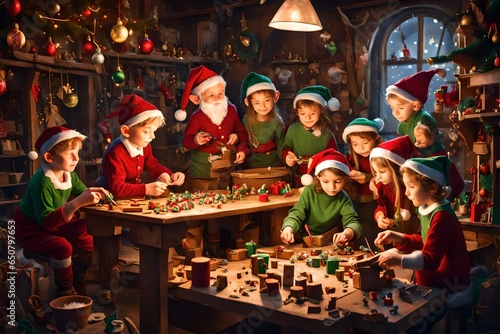 A group of mischievous elves busy in Santa's workshop, putting the finishing touches on toys for Christmas Eve.