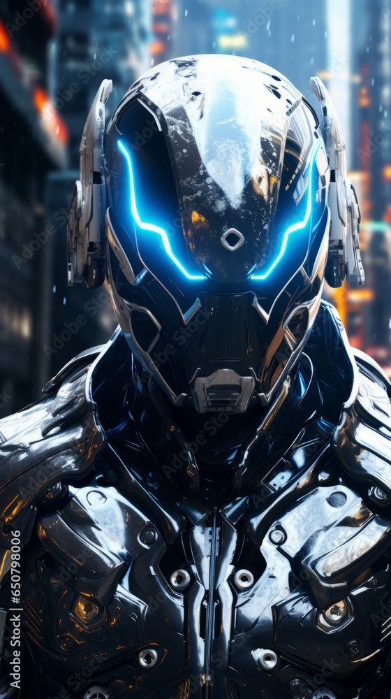 Fototapeta premium A man in a futuristic suit with glowing eyes
