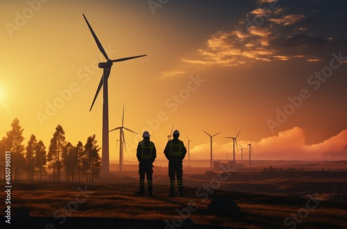 Construction workers standing in front of wind turbines