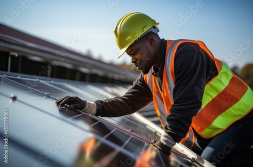 Technician installing solar panels on rooftop roof