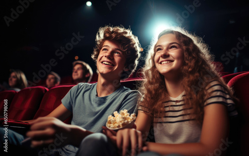 Teenager smiling couple boy and girl sitting next to each other inside a cinema hall with popcorn. Generative AI