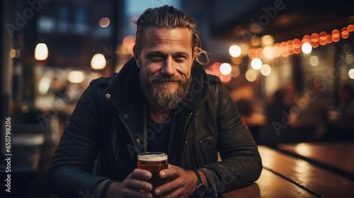 Brutal scandinavian man with glass of beer  bokeh blurred pub background