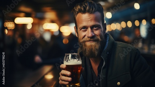 Brutal scandinavian man with glass of beer, bokeh blurred pub background