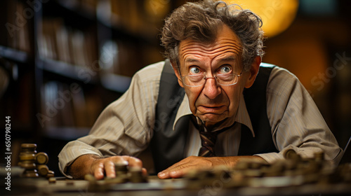 Gripping depiction of a worried accountant, furrowed brows indicating concern and anxiety, surrounded by office items including an ever-present calculator.