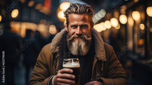 Brutal scandinavian man with glass of beer, bokeh blurred pub background