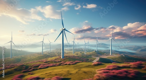 Aerial view of wind turbine generating in wind farm