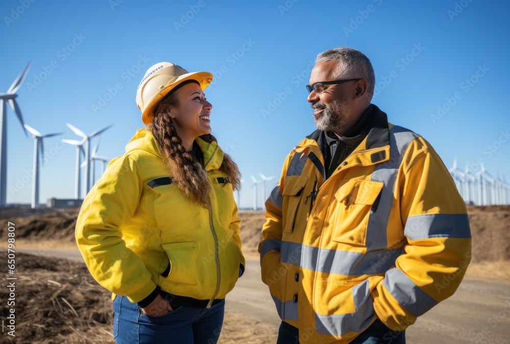 Construction workers standing in front of wind turbines
