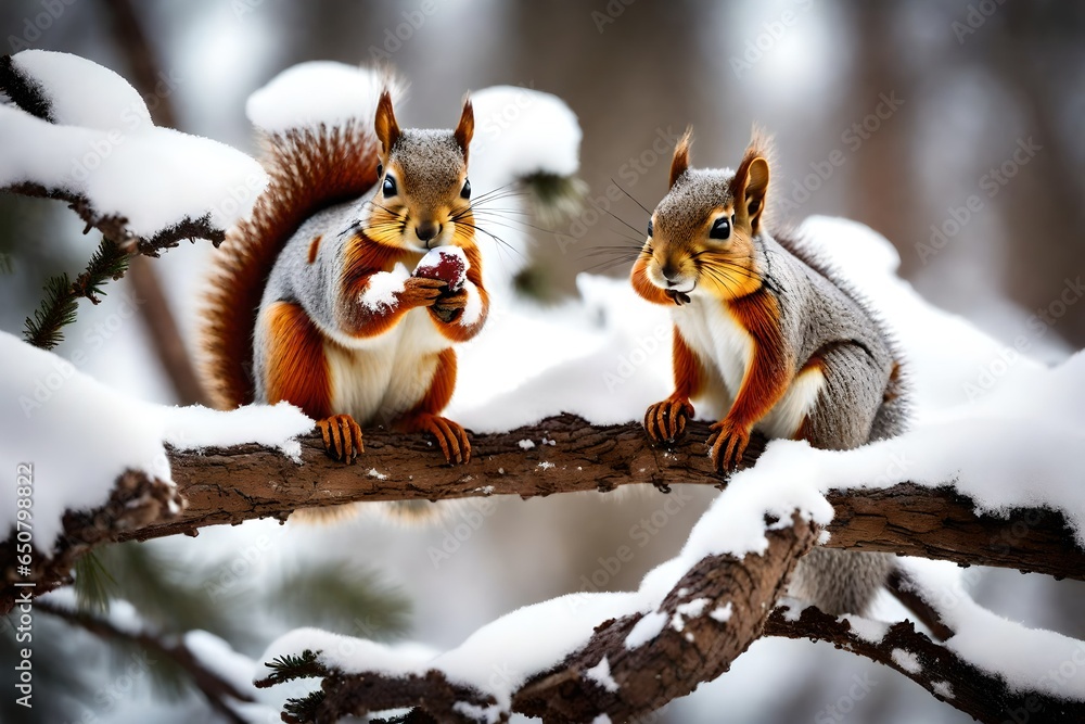 A curious squirrel perched on a snow-covered branch, nibbling on a discarded Christmas cookie. A curious squirrel perched on a snow-covered branch, nibbling on a discarded Christmas cookie.