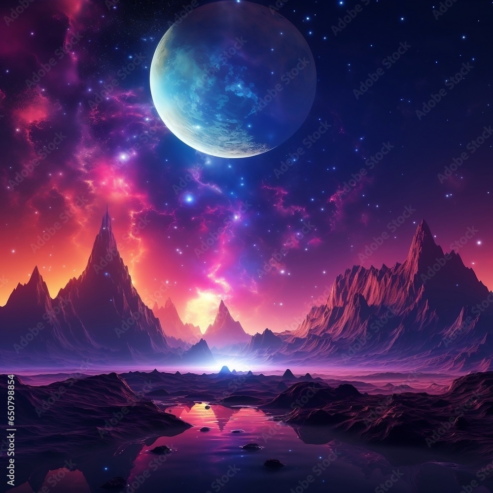 Abstract fantasy neon space landscape. Star nebulae, month and moon, mountains, fog. Unreal fantasy world. Silhouettes, horoscope, zodiac signs. 3D illustration