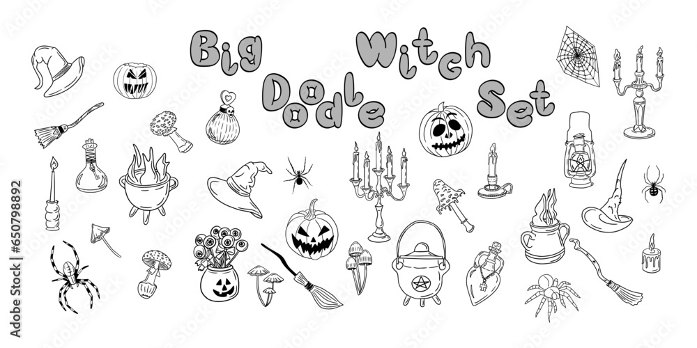 Bif flat hand drawn doodle witchs items set. Outline vector collection for stickers or decoration. Halloween holiday unique design. Black isolated elements on white background.