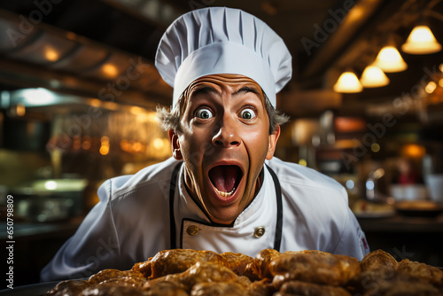 Fototapeta Naklejka Na Ścianę i Meble -  Breathtaking image of a startled chef, his mouth agape in shock, brilliantly capturing an astonishing range of emotions from surprise to dismay.