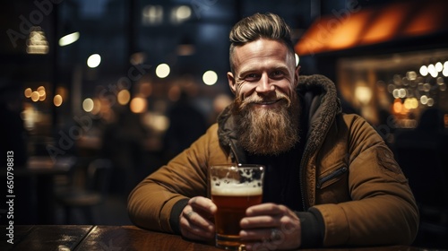 Brutal scandinavian man with glass of beer, bokeh blurred pub background