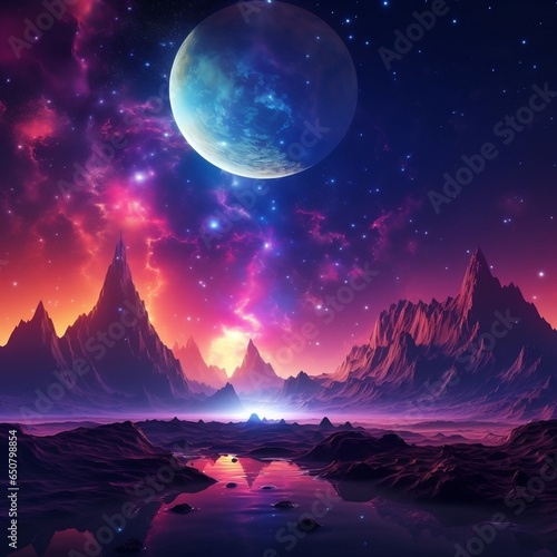 Abstract fantasy neon space landscape. Star nebulae, month and moon, mountains, fog. Unreal fantasy world. Silhouettes, horoscope, zodiac signs. 3D illustration