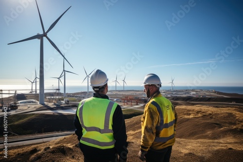 Construction workers standing in front of wind turbines