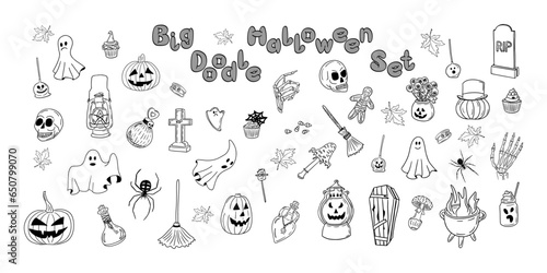 Big doodle halloween collection hand drawn things. Sketch isolated elements for halloween party decoration. Retro holiday design for coloring pages  stickers  tatoo.