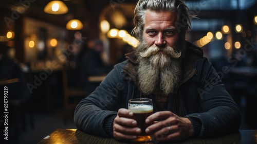 Brutal scandinavian man with glass of beer, bokeh blurred pub background
