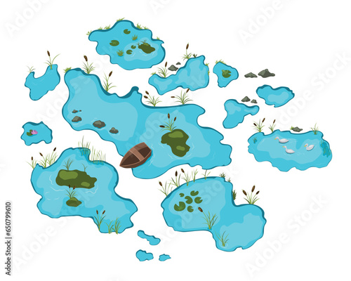 Isometric lakes scene. Isolated ponds landscape. Cartoon arts for 2D game. Natural elements with islands, plants, lily and duck