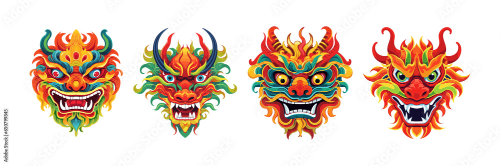 Trendy set cartoon flat style dragon character sticker logo stylized vector illustration symbol year of dragon 2024 red green blue color logo mask	