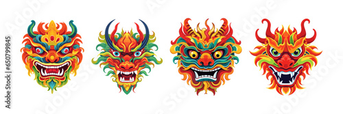Trendy set cartoon flat style dragon character sticker logo stylized vector illustration symbol year of dragon 2024 red green blue color logo mask	
