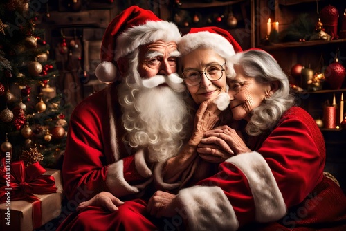 Santa Claus and Mrs. Claus sharing a tender moment in their cozy home.